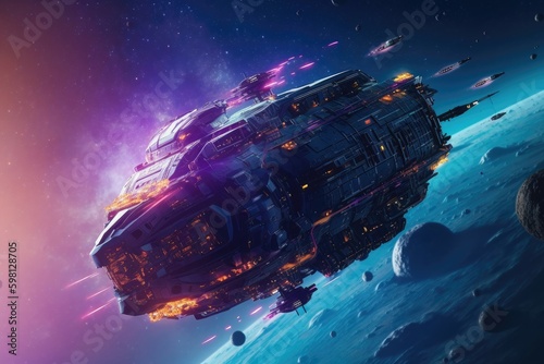 Spaceship flying through a colorful nebula, with a purple and blue color scheme and a futuristic space suit. Generative AI