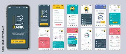 Banking mobile app screens set for web templates. Pack of login, financial account, personal balance, money transfers and other mockups. UI, UX, GUI user interface kit for layouts. Vector design