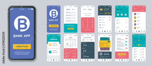 Banking mobile app screens set for web templates. Pack of login, secure password, financial account, credit card management, other mockups. UI, UX, GUI user interface kit for layouts. Vector design