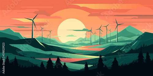 Landscape with wind turbines and hills at sunset. Vector illustration