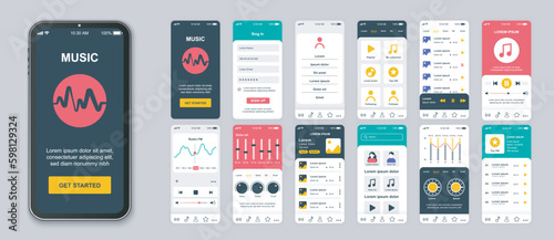 Music mobile app screens set for web templates. Pack of login account, playlist, audio player, equalizer, settings, radio and other mockups. UI, UX, GUI user interface kit for layouts. Vector design