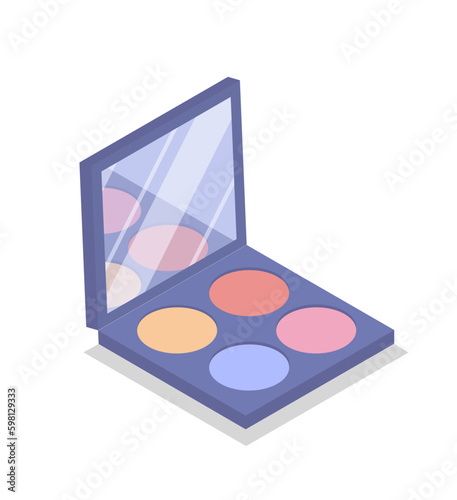 Makeup palette concept. Multiple shades to change eye color and skin tone. Powder for glamour. Advertising poster or banner for website. Cartoon isometric vector illustration