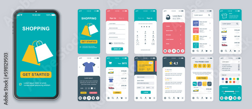 Shopping mobile app screens set for web templates. Pack of login, choose goods, online ordering, payment, promo code and other mockups. UI, UX, GUI user interface kit for layouts. Vector design