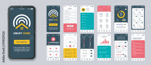 Smart home mobile app screens set for web templates. Pack of login, online monitoring sensors, cctv camera system, automation, other mockups. UI, UX, GUI user interface kit for layouts. Vector design
