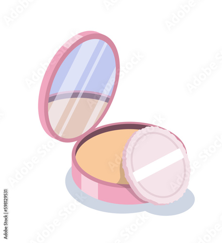 Powder with mirror concept. Cosmetic product for applying makeup to face, hiding bruises and improving skin tone. Advertising poster or banner. Cartoon isometric vector illustration