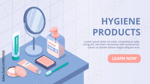 Hygiene products set. Liquid soaps, creams and sprays next to mirror. Personal care and skin care, cleanliness. Accessorizes for Bath. Landing page for website. Cartoon isometric vector illustration