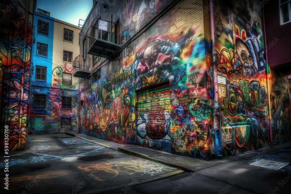 Create a vibrant and lively street scene with colorful graffiti and street art. Generative AI Create a vibrant and lively street scene with colorful graffiti and street art. Generative AI