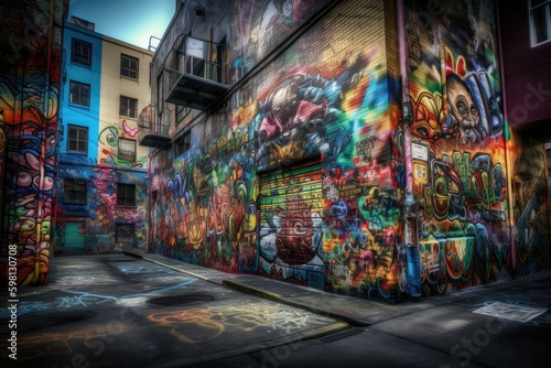 Create a vibrant and lively street scene with colorful graffiti and street art. Generative AI