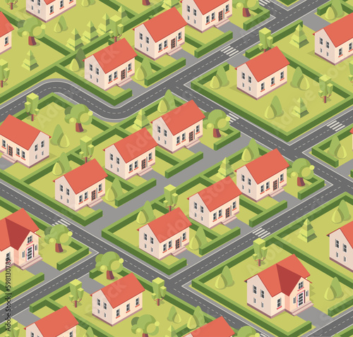 Isometric houses seamless pattern. Repeating design for printing on fabric. Urban architecture and infrastructure, buildings with park and roads. Suburban structure. Cartoon vector illustration