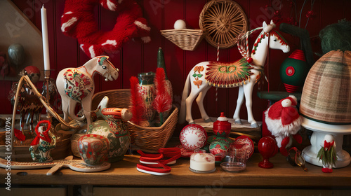 A table topped with lots of christmas decorations. AI generative image