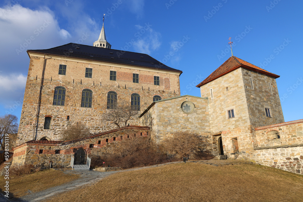 Architectural detail of Akershus Fortress building in the city center of Oslo, Norway, Europe