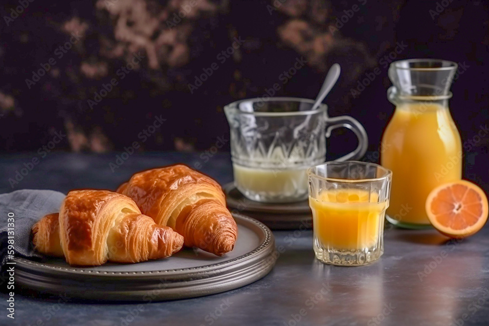 Sweet breakfast with croissants and juice. Generative AI Sweet breakfast with croissants and juice. Generative AI