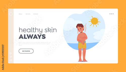 Healthy Skin Always Landing Page Template. Unhappy Child With Painful Skin Sunburn, Little Boy Displaying Redness Generative AI
