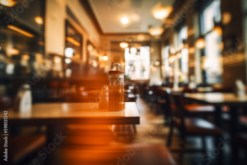 Wooden table in a cafe, blurred. Generative AI