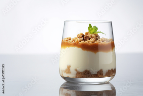 Portion of tiramisu with crumbles and nuts, decorated witn mint leaves. Generative AI