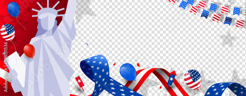 4th of july independence day transparent banner, background, template, poster with the statue of liberty, stars, and usa ribbon. Empty, blank, copy space, for text or images, vector illustration. 