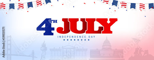 4th of july independence day banner background, poster, flyer, template, with usa famous landmarks, bunting decoration, new york skyline, etc. Vector illustration. 
