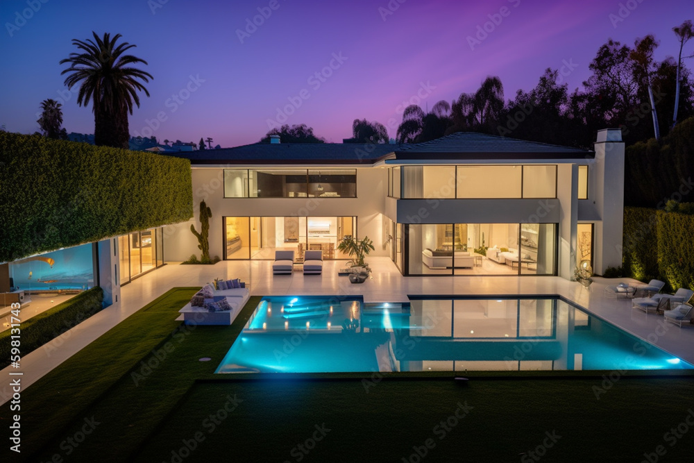 Villa in Beverly Hills, California. Holiday Rentals Los Angeles, luxyry villa with swimming pool in Beverly Hills. Modern apartment buildings, Facade exterior design. Ai generative illustration.