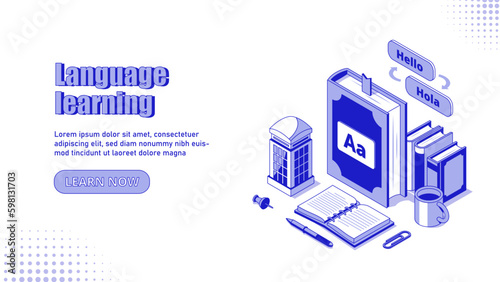 Language learning concept. Postcard book, pen and mug with hot drink, coffee or tea. Hello and hola, translate. International language for communication. Cartoon isometric vector illustration