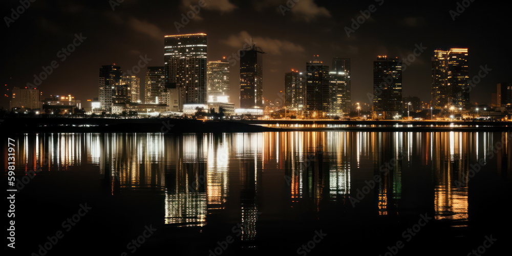night cityscape in the distance with bright lighting over the water. reflection in the water. Generative AI Generative AI