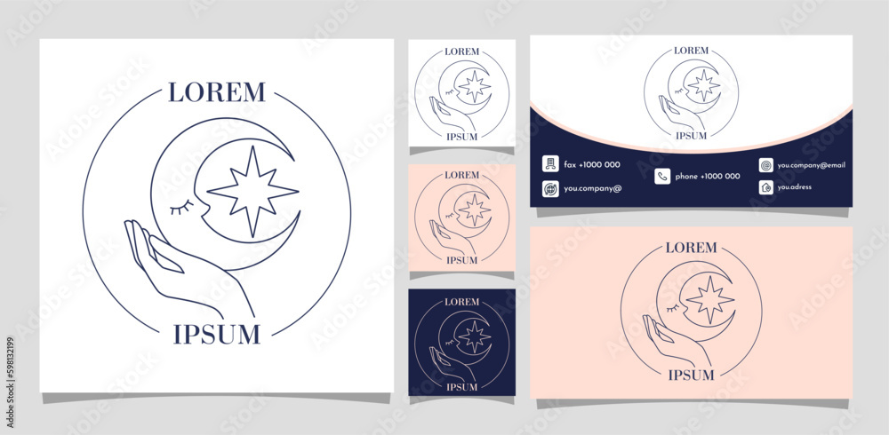 Logo in boho style set. Collection of minimalistic graphic elements for website. Hand holding crescent with star. Business card design. Cartoon flat vector illustrations isolated on grey background Logo in boho style set. Collection of minimalistic graphic elements for website. Hand holding crescent with star. Business card design. Cartoon flat vector illustrations isolated on grey background
