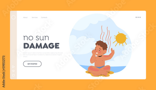 No Sun Damage Landing Page Template. Unhappy Little Boy Character With Skin Sunburned, Experiencing Pain Generative AI