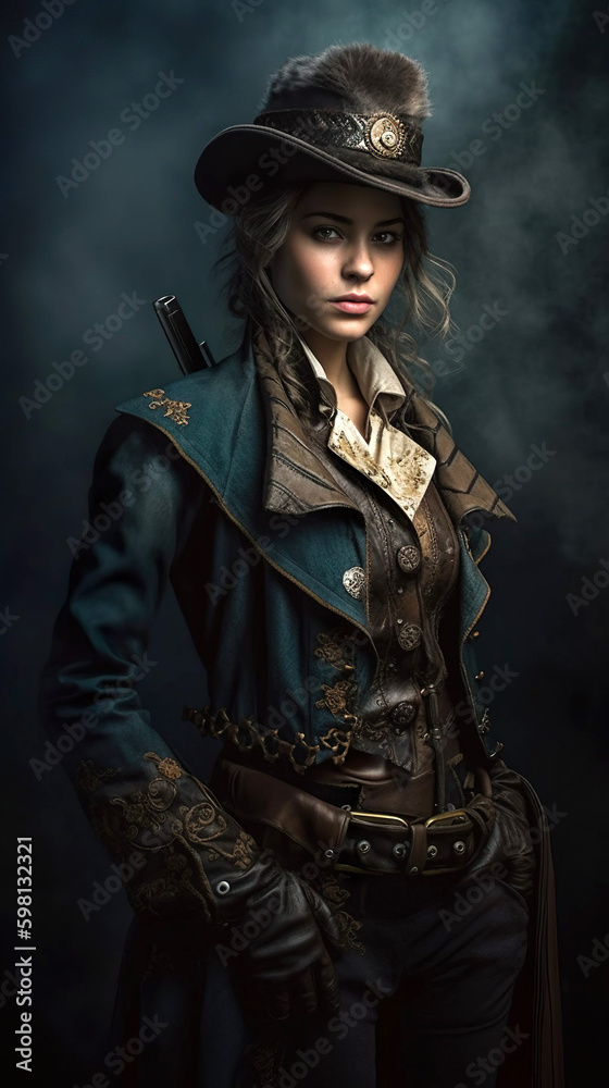 Dark fantasy steampunk gunslinger girl, generated with AI. Dark fantasy steampunk gunslinger girl, generated with AI.