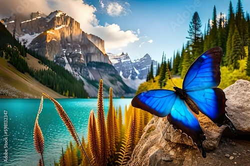 Beautiful Papilio Ulysses butterfly on a rock Generative AI