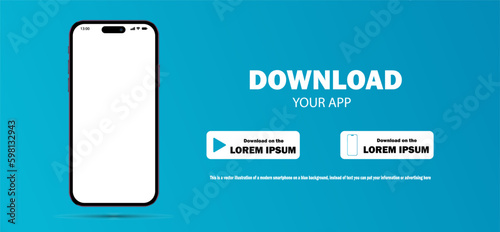 Mobile application download page. A blank smartphone screen for your app. Download the program on a blue background eps10