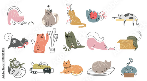 Set of doodle cats. Charming and playful characters and kittens. Collection of pets in box, scratching post and stretching, with ball. Cartoon flat vector illustrations isolated on white background