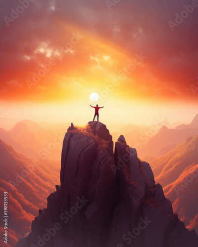 Celebrating the victories an image of a person standing atop a mountain celebrating their success as the Psychology emotions concept. AI generation. Generative AI