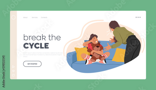 Domestic Abuse Landing Page Template. Abusive Mother Character Yelling At Crying Daughter, Cartoon Vector Illustration Generative AI