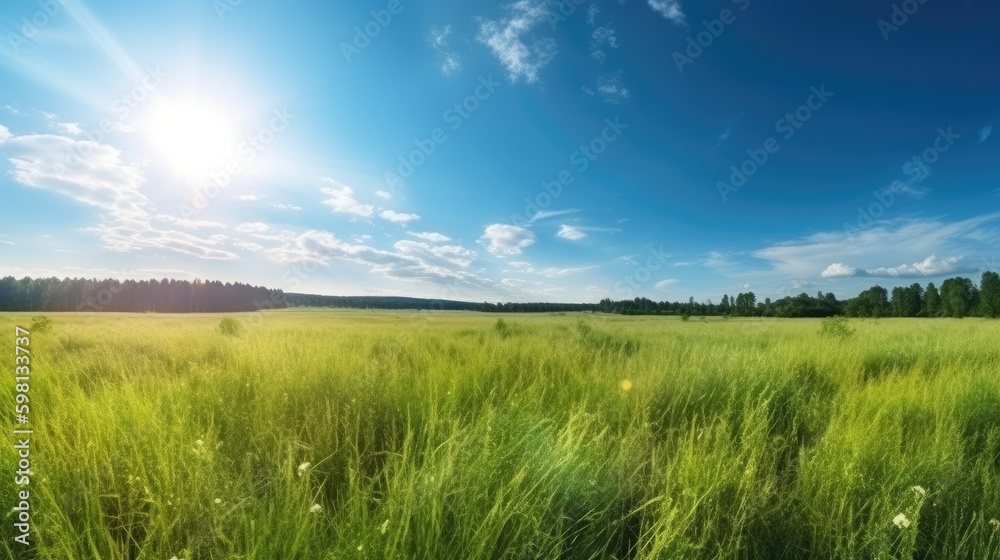 Natural landscape of a green field with grass against a blue sky with sun, bright sun in the sky, AI