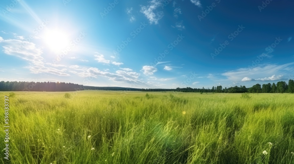 Natural landscape of a green field with grass against a blue sky with sun, bright sun in the sky, AI Natural landscape of a green field with grass against a blue sky with sun, bright sun in the sky, AI