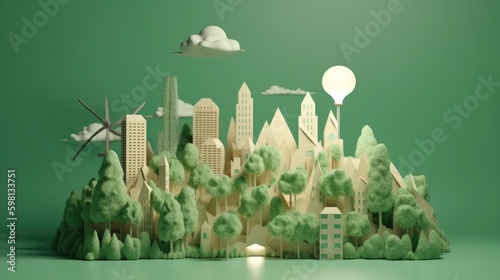 paper art of city concept with renewable energy, wind turbine, hot air balloon light bulb representing conserving energy for earth day, AI