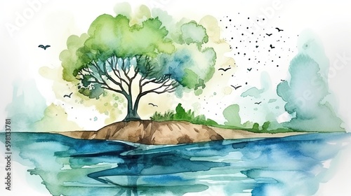 Earth day watercolor art nature, wallpaper background image to save the lake and tree, ecology and world water day, AI