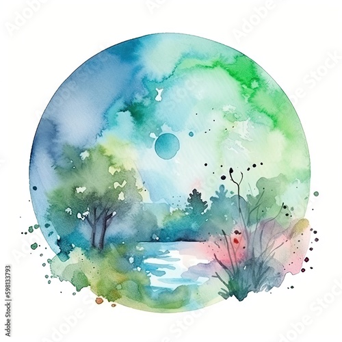 Earth day fish pond, watercolor art of the fish pond for earthday. wallpaper background image to save the lakes and oceans on the the globe, ecology and world water day, AI