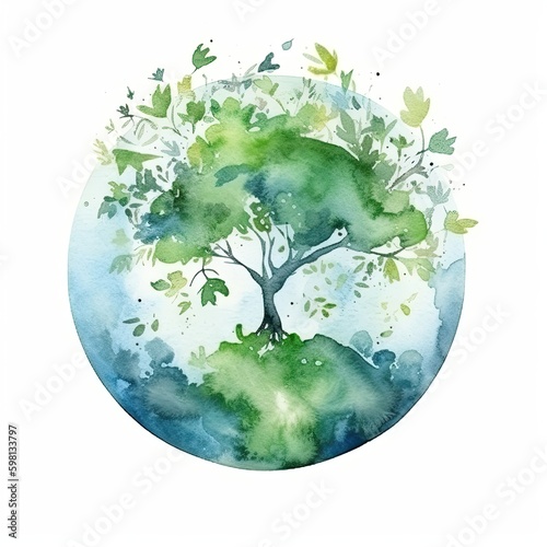 Earth day tree of life, watercolor art for earthday. wallpaper background image of a tree and the globe, AI