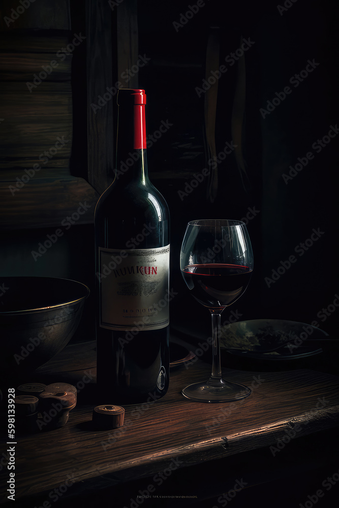 Glass of port wine on wooden table and over dark background, Generative AI