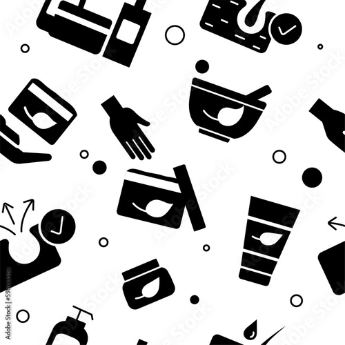 Cosmetology seamless pattern. Repeating design element for printing on fabric. Hands with cosmetic cream, natural and organic product. Face and skin care concept. Cartoon flat vector illustration