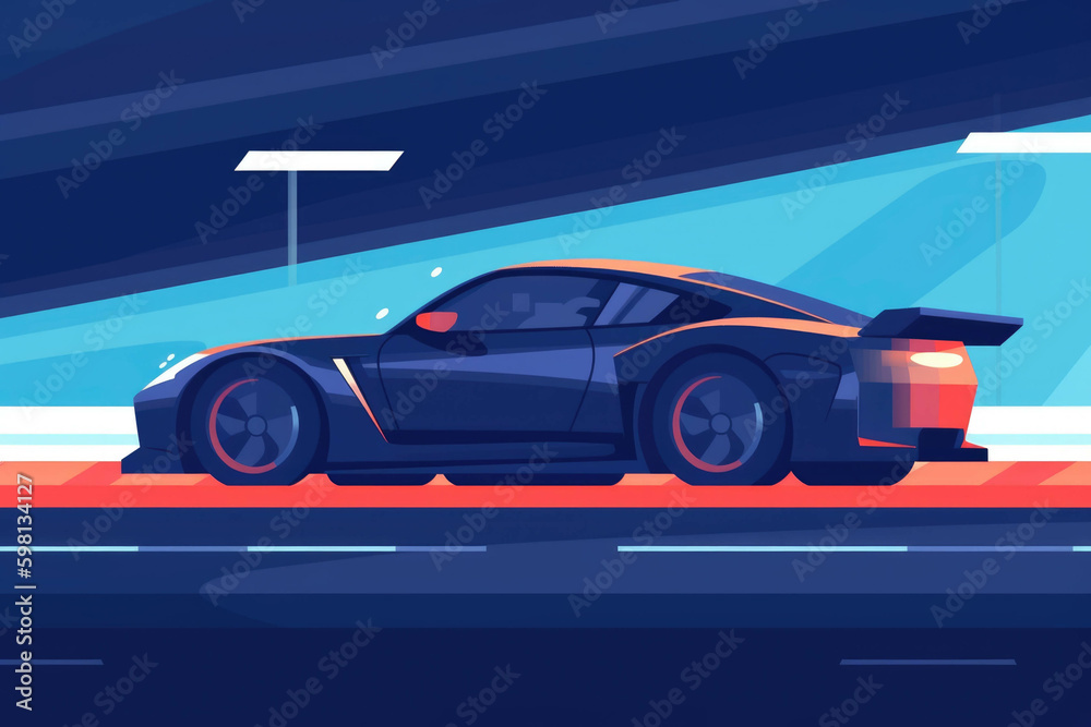 Obraz premium A close up of a dark blue sports car flying around a sharp corner on a dirt racing track. Speed drive concept. AI generation. Generative AI