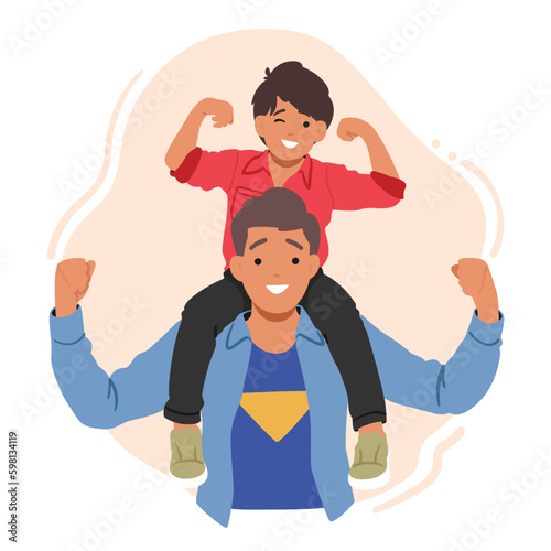 Little Son Perched On Dad's Shoulders Enjoying The View From Above. Father-son Bonding, Height Advantage Generative AI