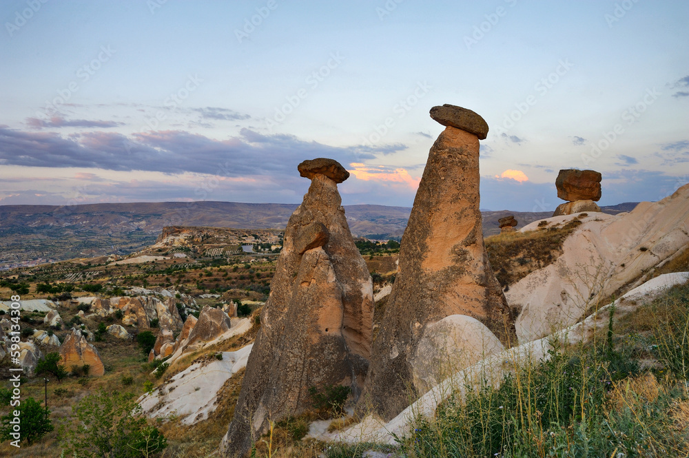Large-scale panoramic view of Cappadocia, natural geological formations of extraordinary beauty. Famous touristic destination in Turkey