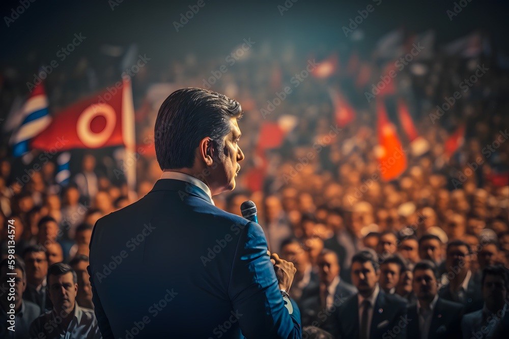 The politician deputy speaks on the stage in front of a crowd of people ...