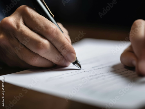 A person with physical disabilities signing a document with a smile on their face indicating inclusion in their society.. AI generation. Generative AI