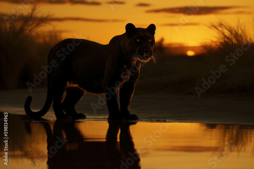 The silhouette of a sabertoothed tiger its majestic mane reflecting the last rays of the setting sun.. AI generation. Generative AI