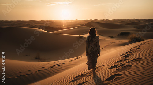 Woman walking on the desert dunes at sunset. Image Generative AI.