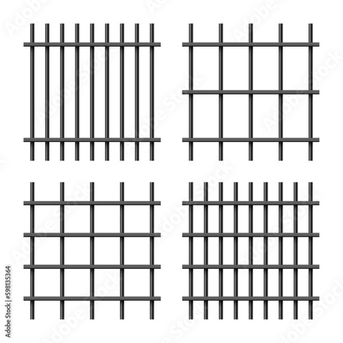 Realistic shiny metal prison bars isolated on white background. Detailed jail cage, prison iron fence. Criminal background mockup. Vector illustration Generative AI