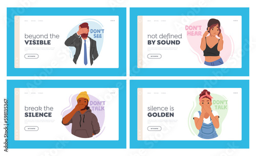 Human Emotions Landing Page Template Set. Men and Women Characters Closing Eyes, Ears and Mouth Like Three Wise Monkeys Generative AI