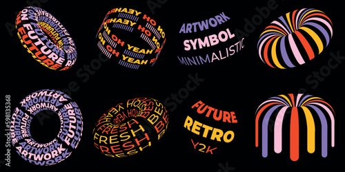 Futuristic colored Y2K graphic icons. Grid, donut, sticky donut, text, lettering in 80s, 90s, 00-.x retro style Set of y2k elements for graphic design. Vector illustration.